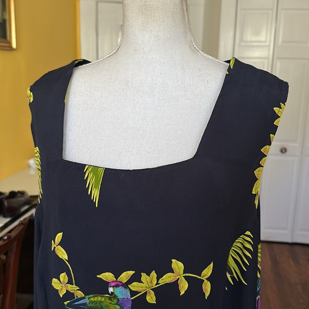 Vintage Midnight Blue Tropical Bird Print Sleeveless Dress Size 18 - Picture 3 of 11